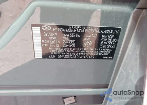 2022 Hyundai Santa Fe Calligraphy z USA, uszkodzony, nr VIN 5NMS5DAL0NH427485